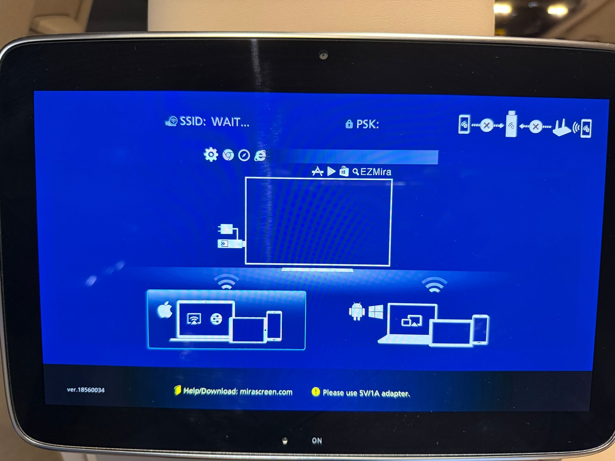 2. Once plugged in, seat back screen will show this.  Note, apple is highlighted (don�t want this one). Click onto the button on the Mirascreen to change selection.