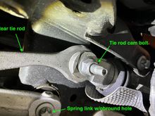 Left tie rod cam bolt viewed from behind rear axle.