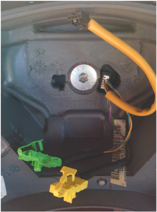 Got this pic online it is what I have in my car. The green and yellow air bag connectors are the same. But the Black connector has 4 wires going in jack My steering wheel has only 3 wires on black jack.