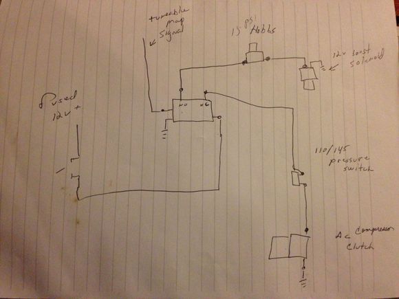  This is the basic wiring configuration. I use the switch to arm the system or to disable. you only want this thing active when you need it, otherwise you'll be shooting air at every stoplight.  The hobbs switch I use is is a 15psi nc. 