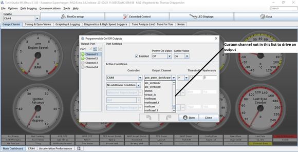 Trying to select custom channel to drive on off output in Tiny iox