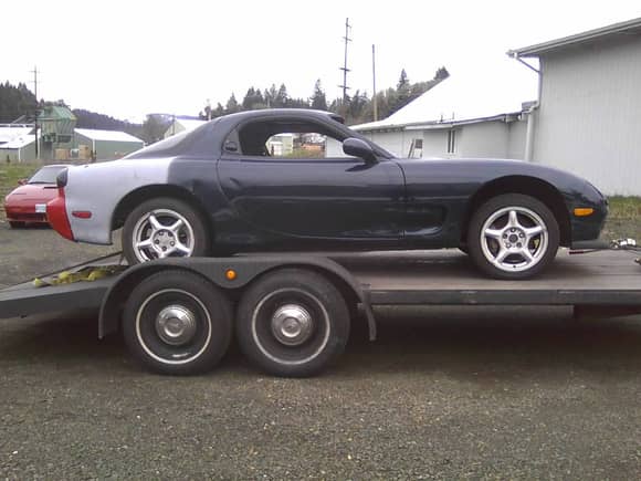 When I brought it home from marcs. It was burnt and had a partial interior. No roof or glass, wiring was toast and he kept and sold the drivetrain. It was 3500$ on the rx7club but he took some payments and I worked my ass off for him for a long time. Sold his cars and then found out he bought this car from a wrecking yard complete for 750$. I suckered lol