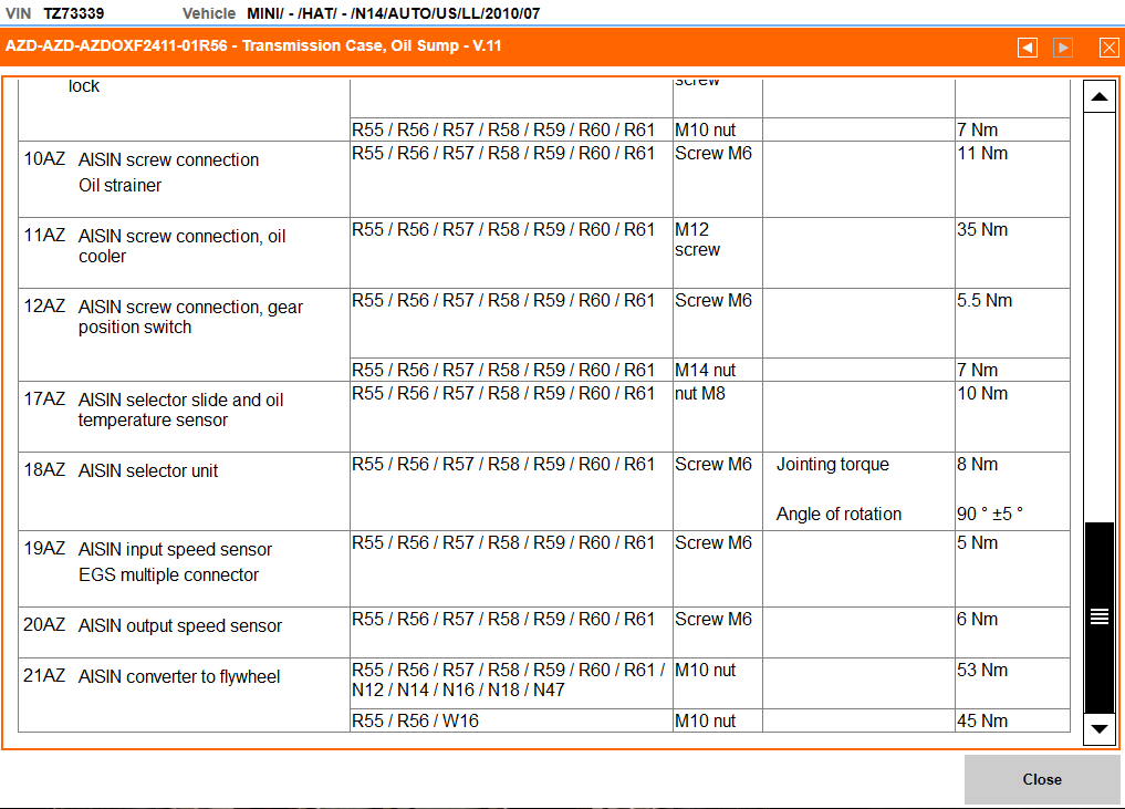 R56 N14 Auto trans torque converter nut torque specs North American