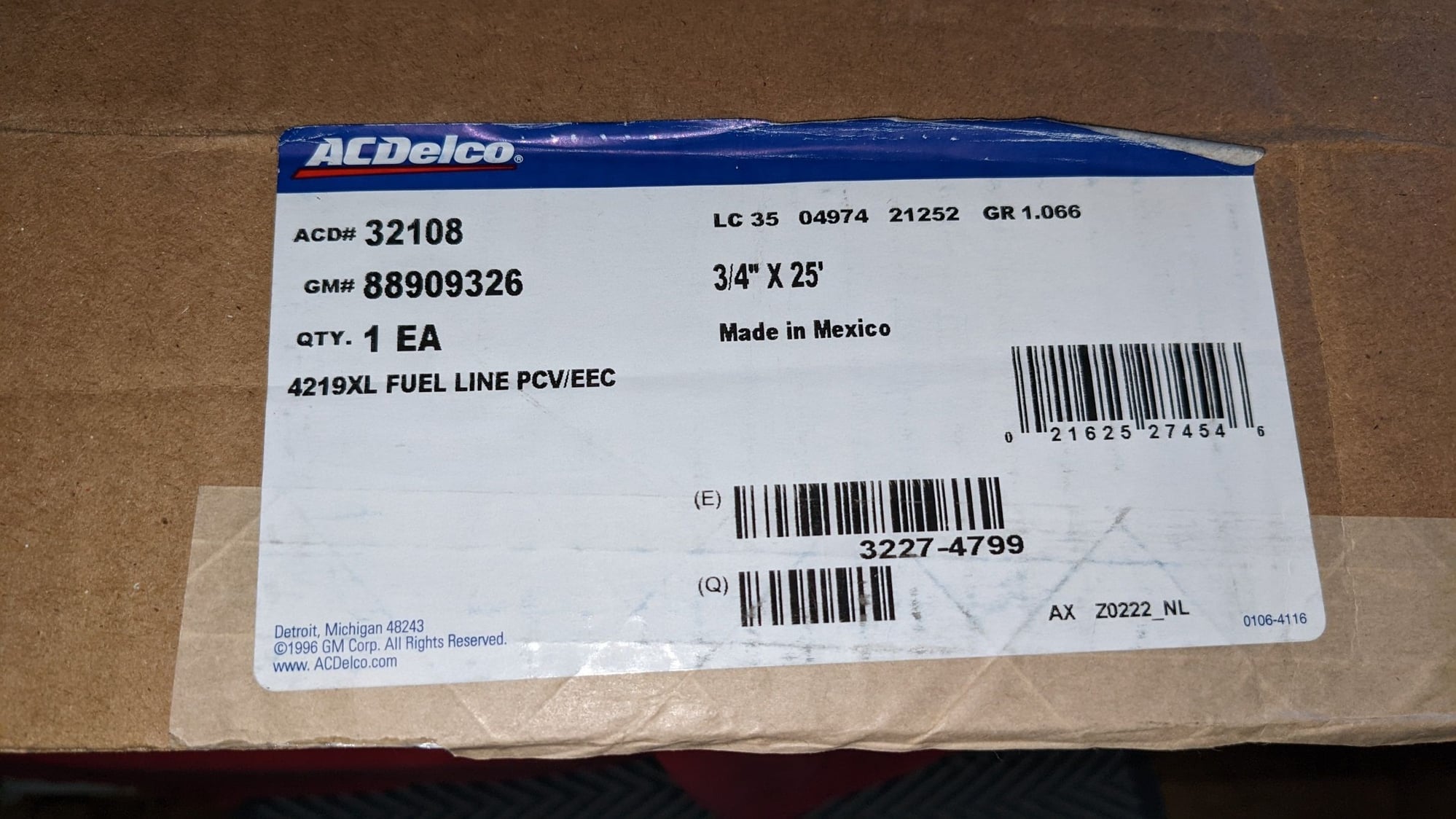  ACDelco Professional 32108 25 ft Bulk Reel of 3/4 in Fuel Line/PCV/EEC  Hose : Automotive
