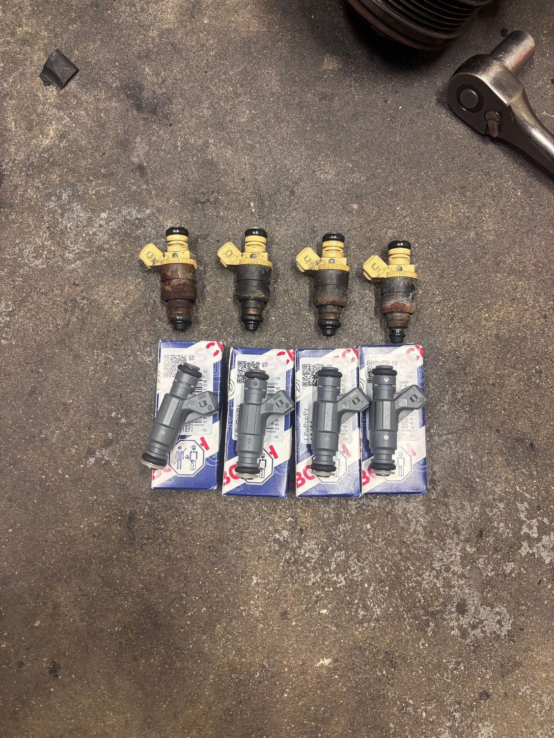 Out with the old and in with the new!!! Yucky 330cc injectors. They were all rusted and dirty. Super glad I did these. I also feel a difference in starting the car. Starts up immediately with no issues!