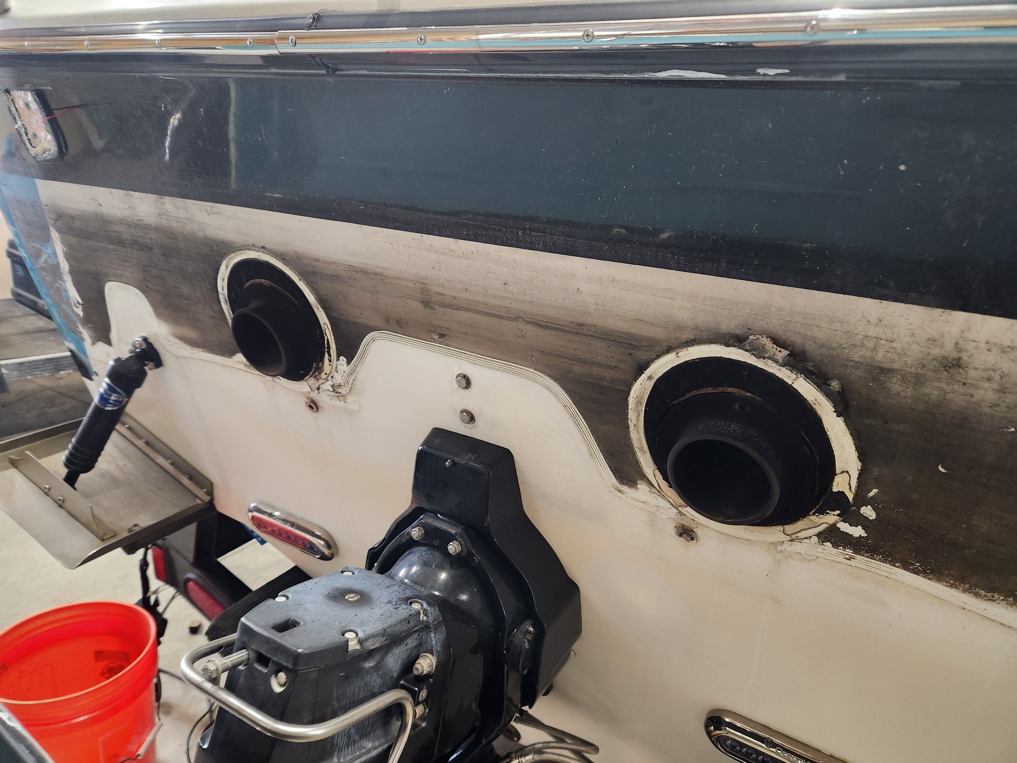 No damage from water on transom as the gaskets were in good shape. Some soft spots at lower U-Bolts and Exhaust openings. Now contemplating a new transom...Only had a couple soft spots when I had stringers done a few years ago. I'd like to get rid of underwater lights, clean up some bilge wiring, add Hyd steering, and some 280 tabs now its all apart, but I know how **** snowballs :/