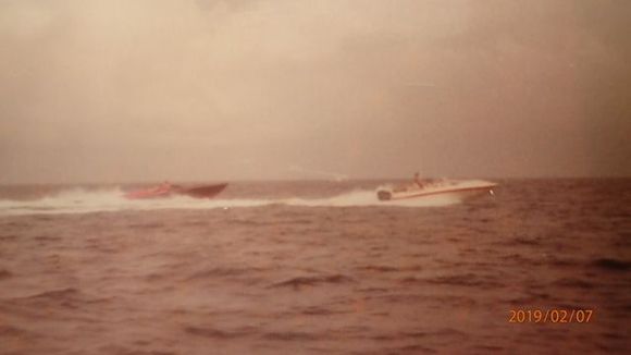 New 1981 Cig 33 w/Merc 370's & a New 1981 Scarab Sport w/1981 version Mercury 225s'  They both are all out in this photo.