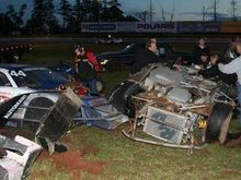 This is after flipping nose first 3 times in the in-field before resting on it's roof, actually the roof was gone it was just roll cage and grass at that point. The driver was a friend who raced in the series above this, took the car out and ended up getting picked up in a wreck, that, well, my car got the worst of. Driver was fine, thanks to proper race gear safety equipment, a hans device is a must, unless you want to hot rod your wheelchair.