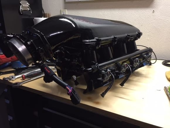 Intake mani is about ready for final installation.  Aeromotive fpr mounted with a flexfuel sensor mounted in the return line in the middle of the manifold.  LSA/ZR1 map sensor mounted in the rear.