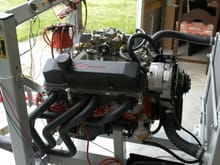Engine on the test stand. Hooker headers and Cherry Bomb Glasspacks