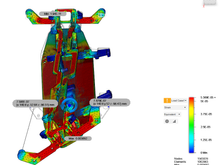 Horizontal Topdeck (exaggerated) torsional displacement (1Nm torque at shocktower ends) and strain heat map.