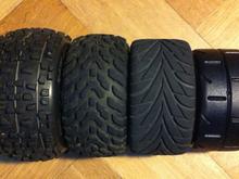 left to right: 

3.8 Badlands (fishlined)
Reely Snakes
Reely Monstertruck Street
GRP 1:5 TC - W02 REVO - S1 SuperSoft