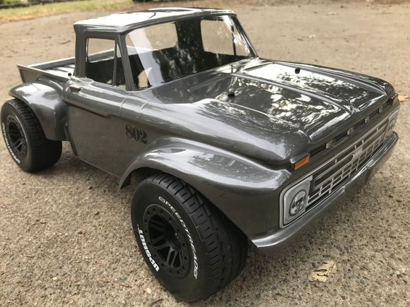 Really wanted a 1/8 GT body but the fit would be a gamble and bodies aren’t cheap. So after a lot of back and forth I purchased the proline 66 Ford and was tasked with how to slam it. I’m stoked on the results.  She looks pretty bad-ass screaming down the street. 
