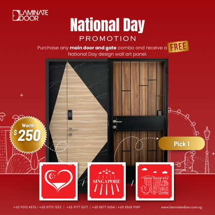 Hey, have you heard about Laminate Door’s National Day promotion? They’re offering a special combo deal. You can choose a design from their main door and gate collection and pick the national design wall art panel for free