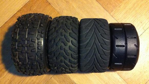 left to right: 

3.8 Badlands (fishlined)
Reely Snakes
Reely Monstertruck Street
GRP 1:5 TC - W02 REVO - S1 SuperSoft