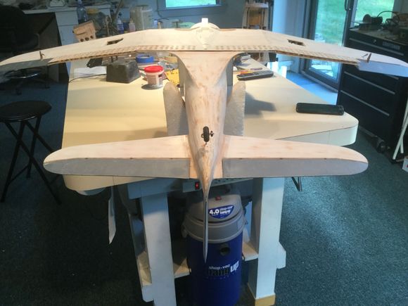 Bottom view. Amazing sometimes how we think things are good, then we look and realize we didn’t shape things quite right. Took a fair amount of bulbous balsa of the tail cone and this is how it looks now.