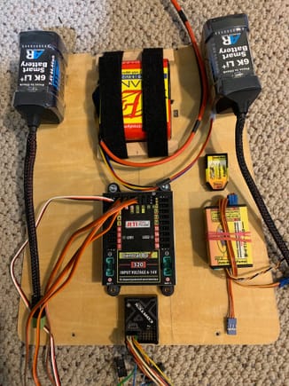 Electronic platform with receiver and ECU batteries forward. Jeti CB 320 with Demon Cortex Pro. Jetcat ECU and jetcat telemetry module. Will be installed on the reinforced platform mount in fuselage 
