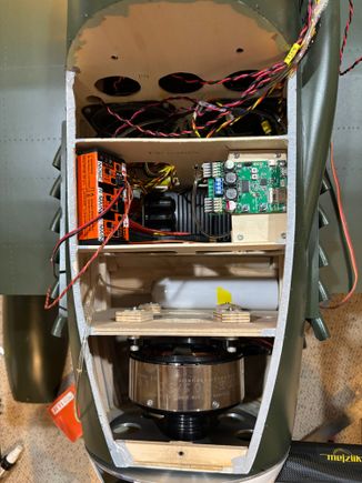 air tank in bay in front of motor. next bay has speed controller in the bottom, robart retract controller on left, sound module on right. The last item to go under rear hatch will be gear door air valve