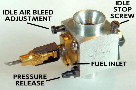 Interesting carb, it has a pressure release that reduces tank pressure during a sudden throttle reduction from full to idle so there will not be excess tank pressure to cause a rich idle mixture when first reduced. I ordered two for my Webra .91's. I'll wring em out and see. They are metered carbs with and air bleed trim. MECOA has them.