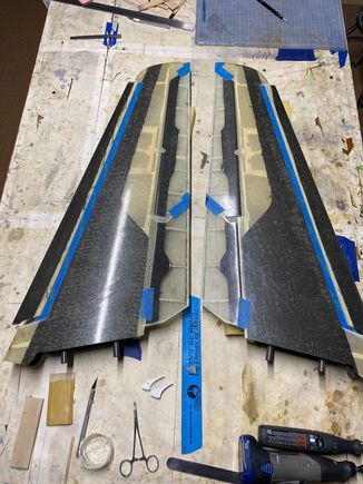 Slats installed, and pulled out of the outboard wing slightly. The slat build and install went a bit more quickly, relative to Fitter1. Previously made control surfaces and associated hingeplates installed here.