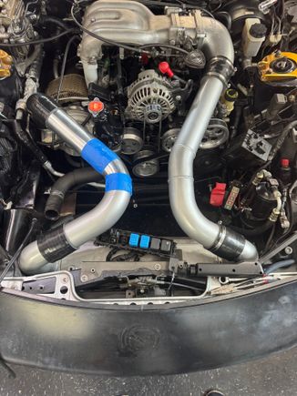 Mocked up new IC pipe.  Made out of the old pipe, a 2.75" straight and a 2.75" 45 deg.