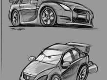 drawing practice-

Trying to get a bit of car drawing practice. Read that Dave Deal got the Pixar artists to draw cars into mango shapes when doing the Cars movie.
Tried an attempt at what i guess that technique was in the bottom sketch.