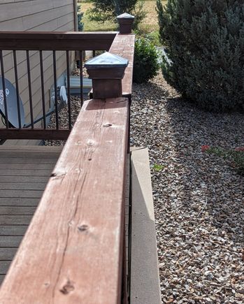 ^8-1-2023.  Old railing and outside deck board pulling apart.