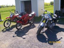 My is middle to left, the middle bike is EX250R, left one is CRF100F and the right one is my dad's Soft tail 1450ccs