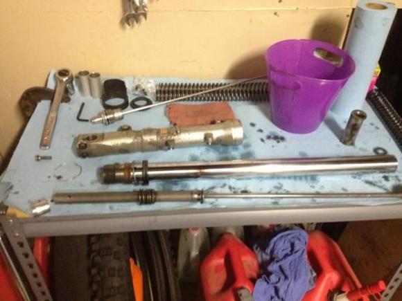 Picture of the fork taken appart as far as the shop manual tells you to go (If your bushings and fork seals are in good repair, you do not need to remove the stanchion from the fork tube)