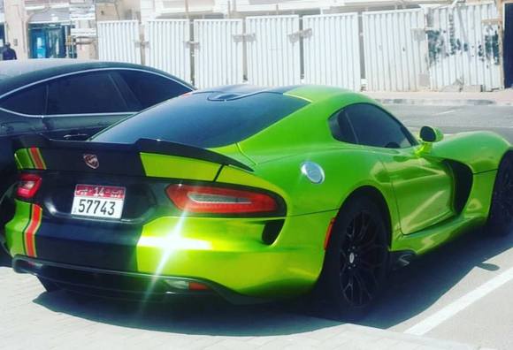 Venomous green Dodge Viper spotted in Abu Dhabi. It is owned by a guy named Hamad Al Reyami on Instagram. Shout out to him!