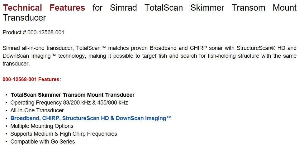 Simrad TotalScan Skimmer Transom Mount Transducer