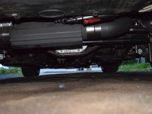 Close up back shot of under car. 4" is still pretty loud only on the throttle honestly at idle it's very quiet and I suppose the dual mufflers help :)