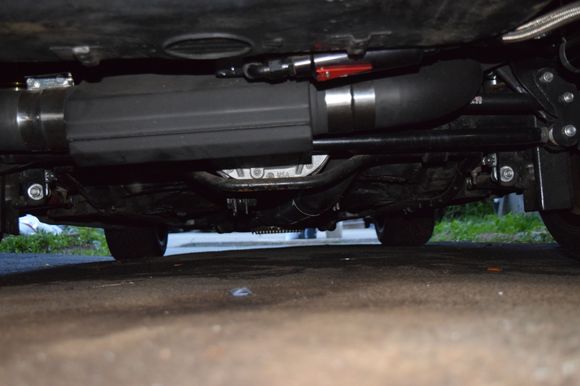 Close up back shot of under car. 4" is still pretty loud only on the throttle honestly at idle it's very quiet and I suppose the dual mufflers help :)