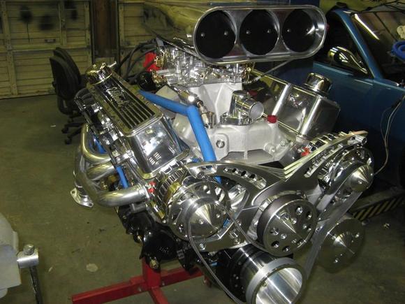 455 dual alternator engine polished and chromed with all aluminum inside.  fun