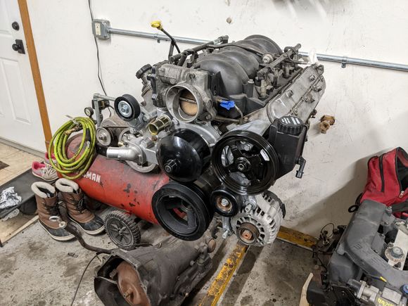 Accessory set up with Holley kit. Power steering pump was a GM saginaw type II. Using a camaro ls1 waterpump.