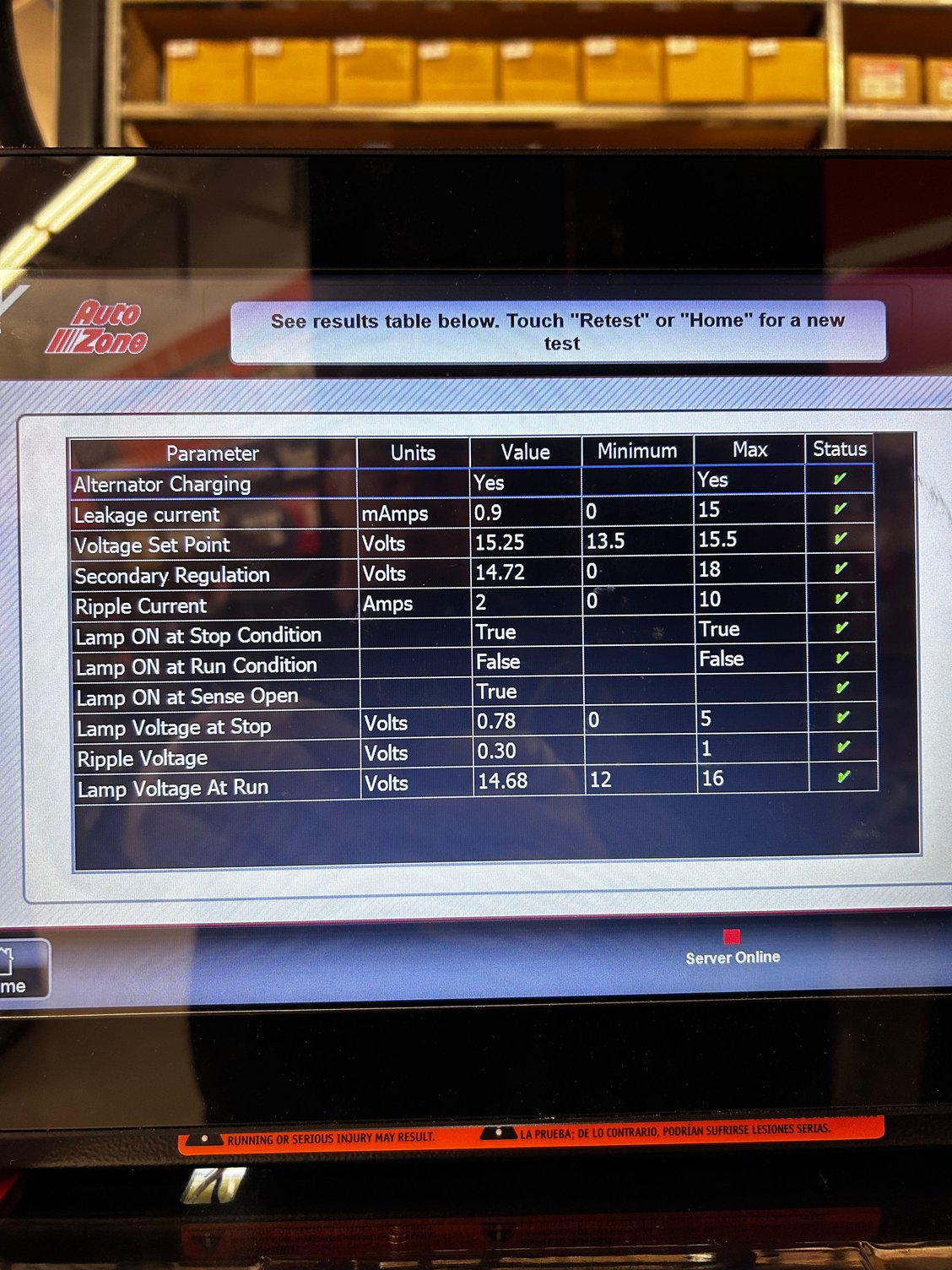 Alternator test result