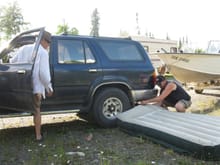Inflating mattress at Fraser Lake,,someone forgot the pump,,,yota to the  rescue