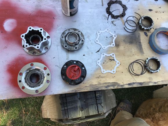 Hub bodies at far left Free wheel hub rings, spacer and inner hubs installed. Free wheel hub ring inner diameter mic’d at .002 larger than the outside diameter of the inner hub. Acceptable tolerances are .012