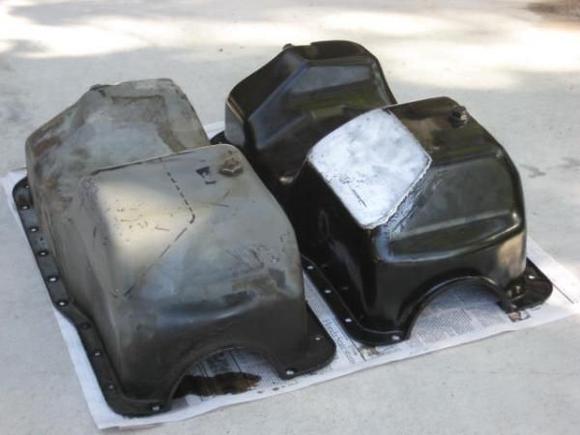 When one swaps a Ford 302 into a 1986-1995 4x4 yoda there is some oil pan clearance issues. The pan on the right I modified to clear the front diff.